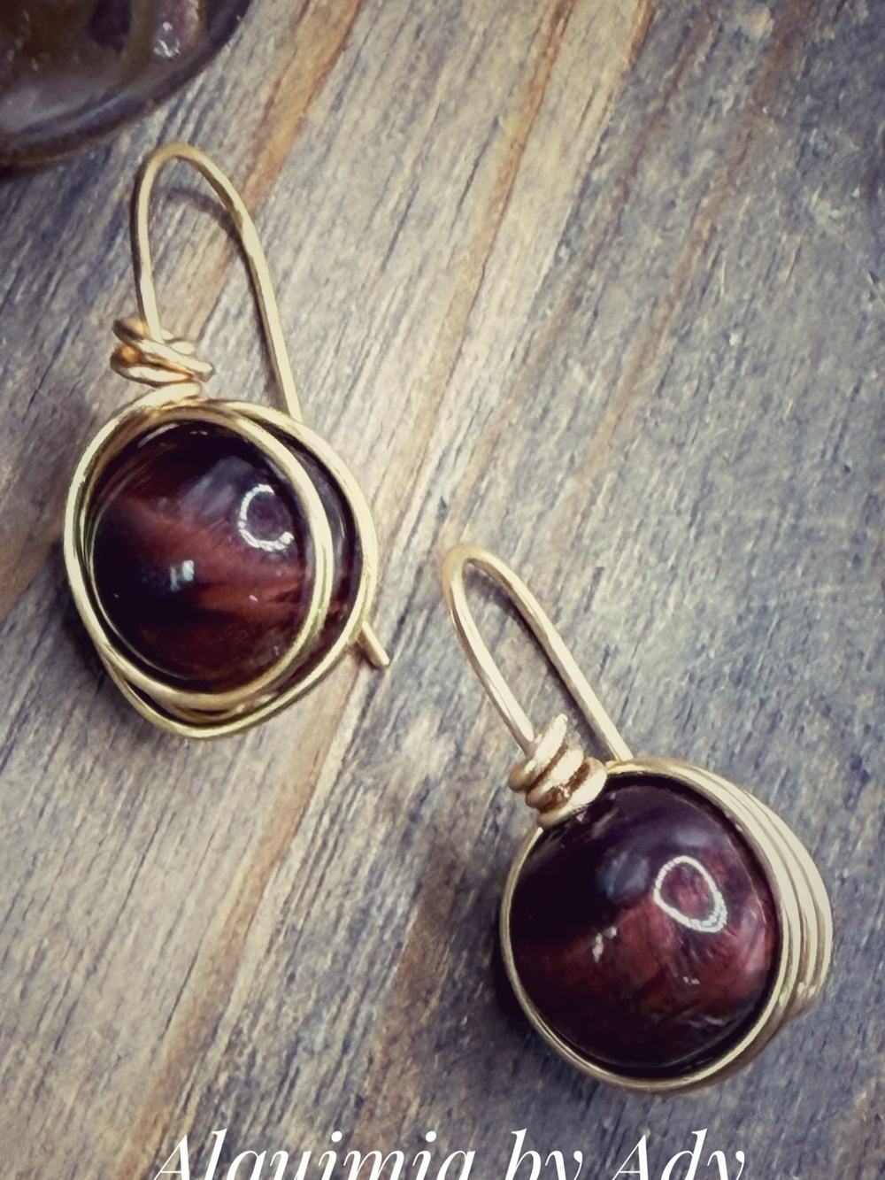 RED TIGER’S EYE | Gold Wire Earrings with Deep Brown Stone Spheres